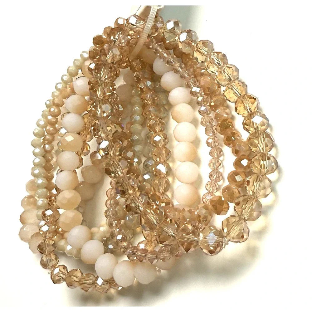 No.3 Beaded Stretch Bracelet Stack NWT Blush Champagne Crystal Boho   Bridal Set